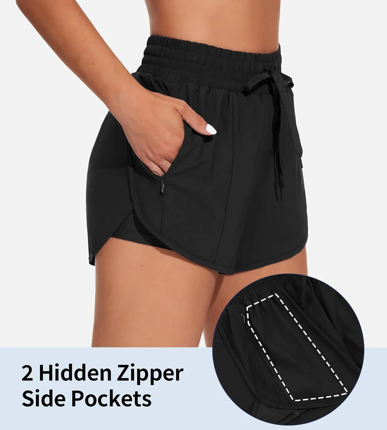 ATTRACO Women's High Waisted Swim Shorts Drawstring Board Shorts with Zipper Pockets Liner