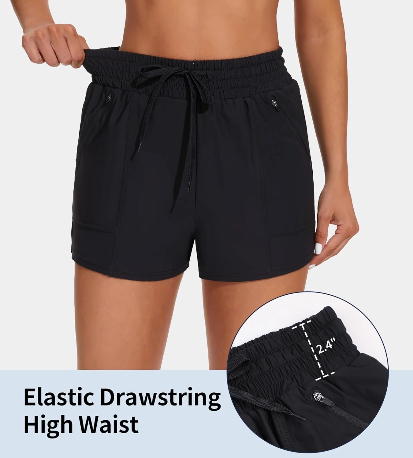 ATTRACO Women's High Waisted Swim Shorts Drawstring Board Shorts with Zipper Pockets Liner