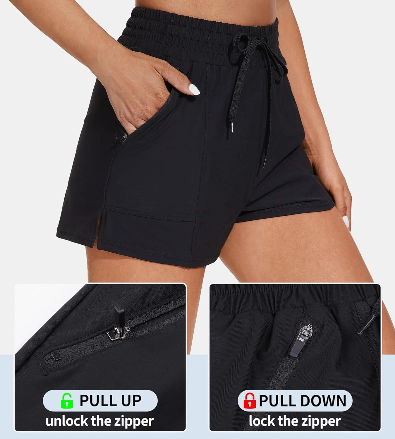ATTRACO Women's High Waisted Swim Shorts Drawstring Board Shorts with Zipper Pockets Liner