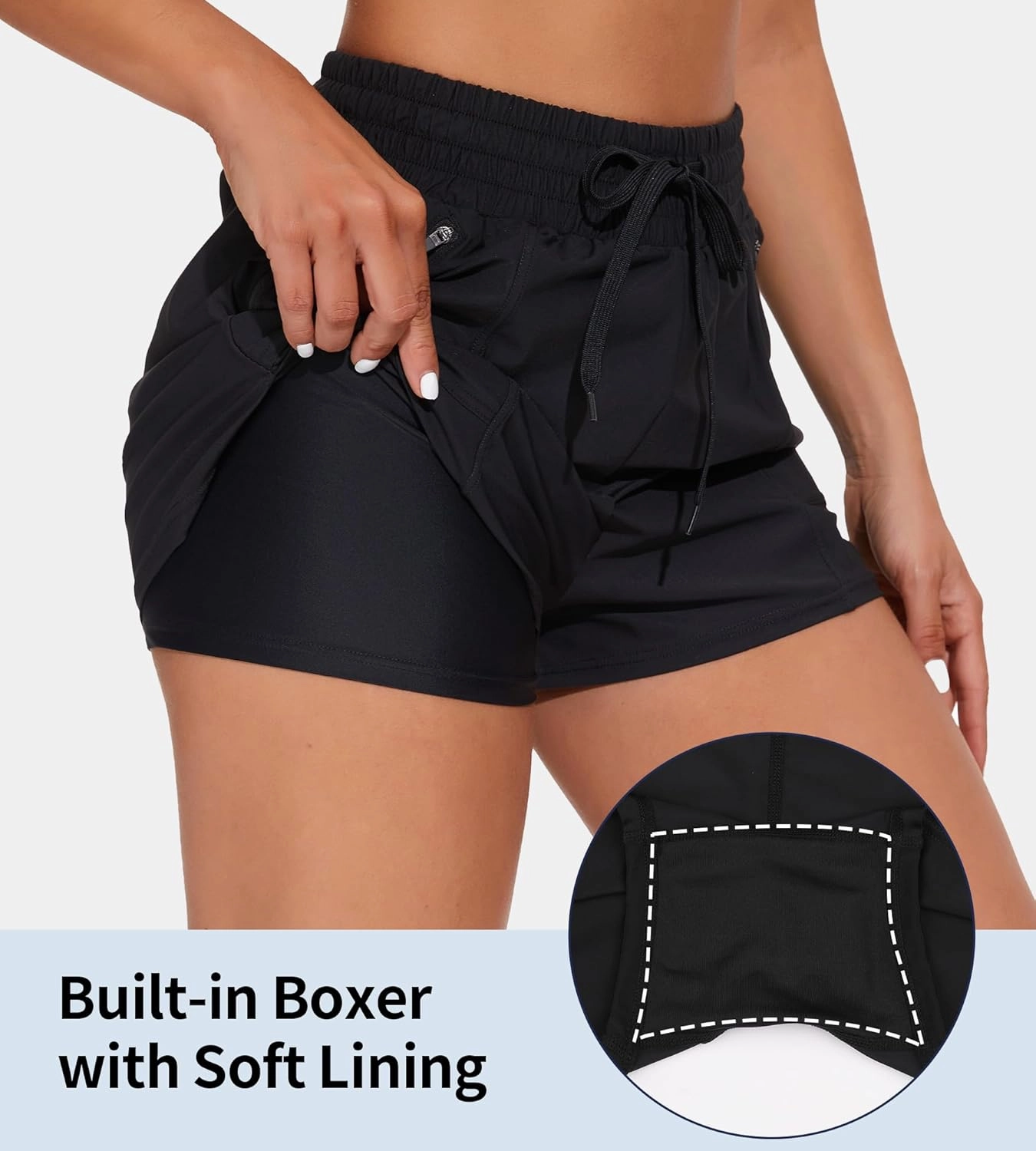 ATTRACO Women's High Waisted Swim Shorts Drawstring Board Shorts with Zipper Pockets Liner