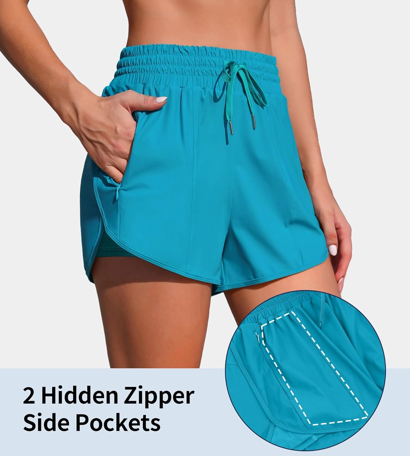 ATTRACO Women's High Waisted Swim Shorts Drawstring Board Shorts with Zipper Pockets Liner