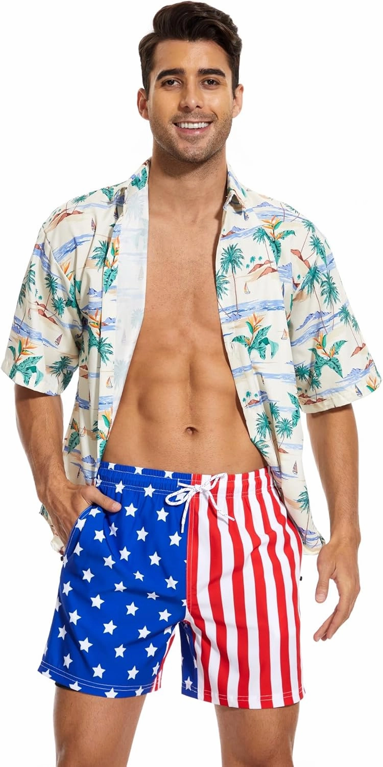 Aueyan Mens Swim Trunks 5.5 inch with Compression Liner Zipper Pockets,Quick Dry Swimsuit Trunks Funny Beach Board Shorts