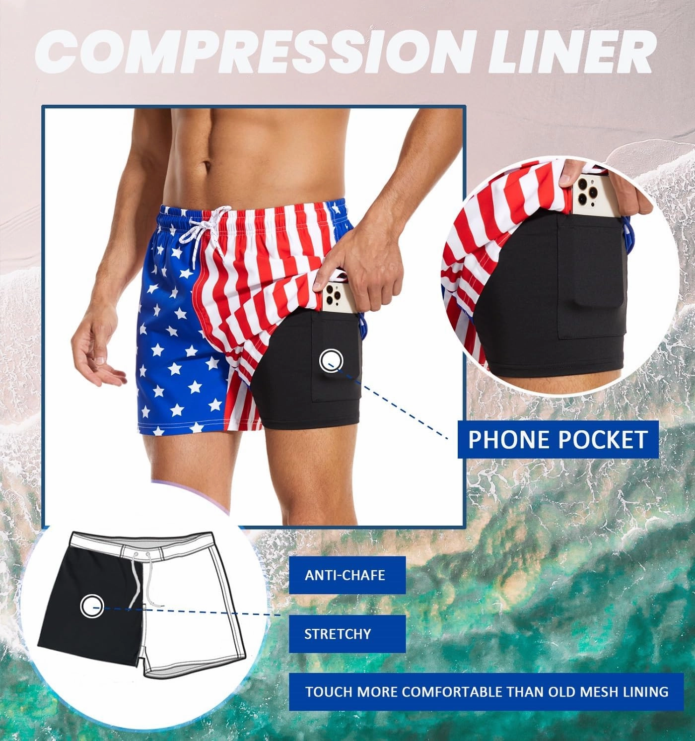 Aueyan Mens Swim Trunks 5.5 inch with Compression Liner Zipper Pockets,Quick Dry Swimsuit Trunks Funny Beach Board Shorts