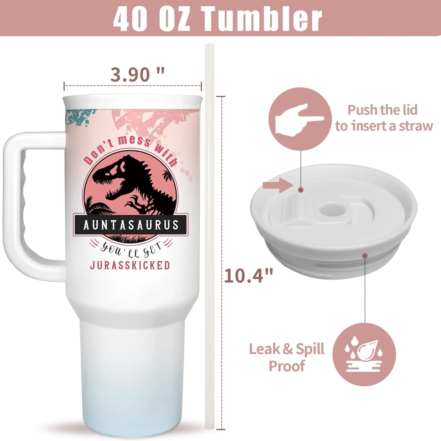 Aunt Tumbler Gift for Aunt For Mothers Day from Niece Aunty Gifts from Nephew - 40oz Gradient Pink Funny Tumbler Dinosaur Cup - Unique Birthday Gift Thank You Christmas Gifts for Aunts