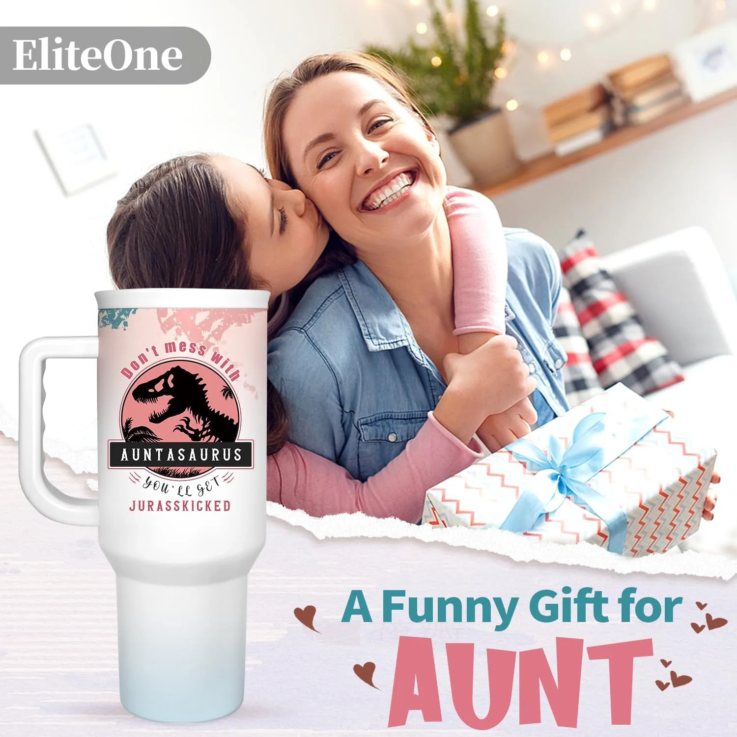 Aunt Tumbler Gift for Aunt For Mothers Day from Niece Aunty Gifts from Nephew - 40oz Gradient Pink Funny Tumbler Dinosaur Cup - Unique Birthday Gift Thank You Christmas Gifts for Aunts