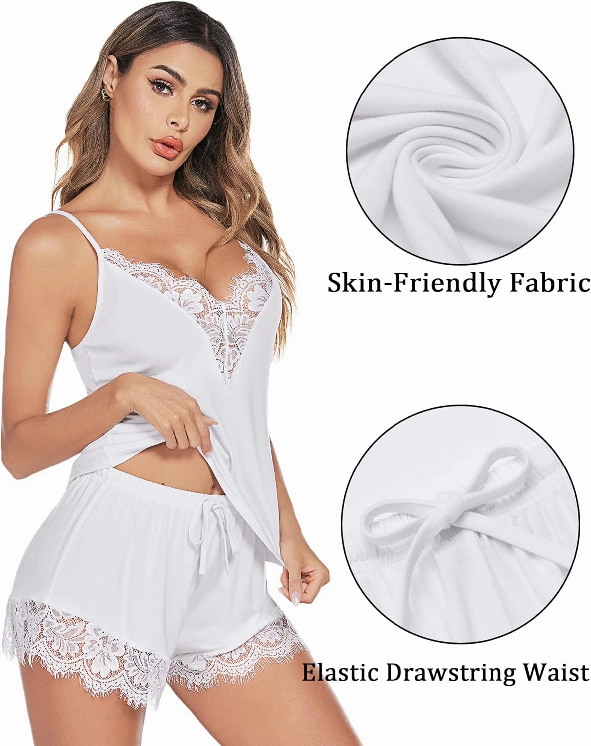 Avidlove Women Pajama Set Lace Trim Short PJ Set Modal V Neck Sleeveless Sleepwear Drawstring Waist Nightwear S~XXL