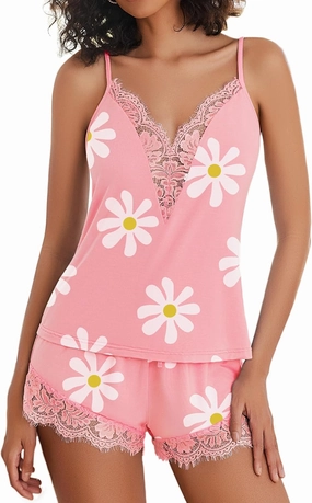 Avidlove Women Pajama Set Lace Trim Short PJ Set Modal V Neck Sleeveless Sleepwear Drawstring Waist Nightwear S-XXL