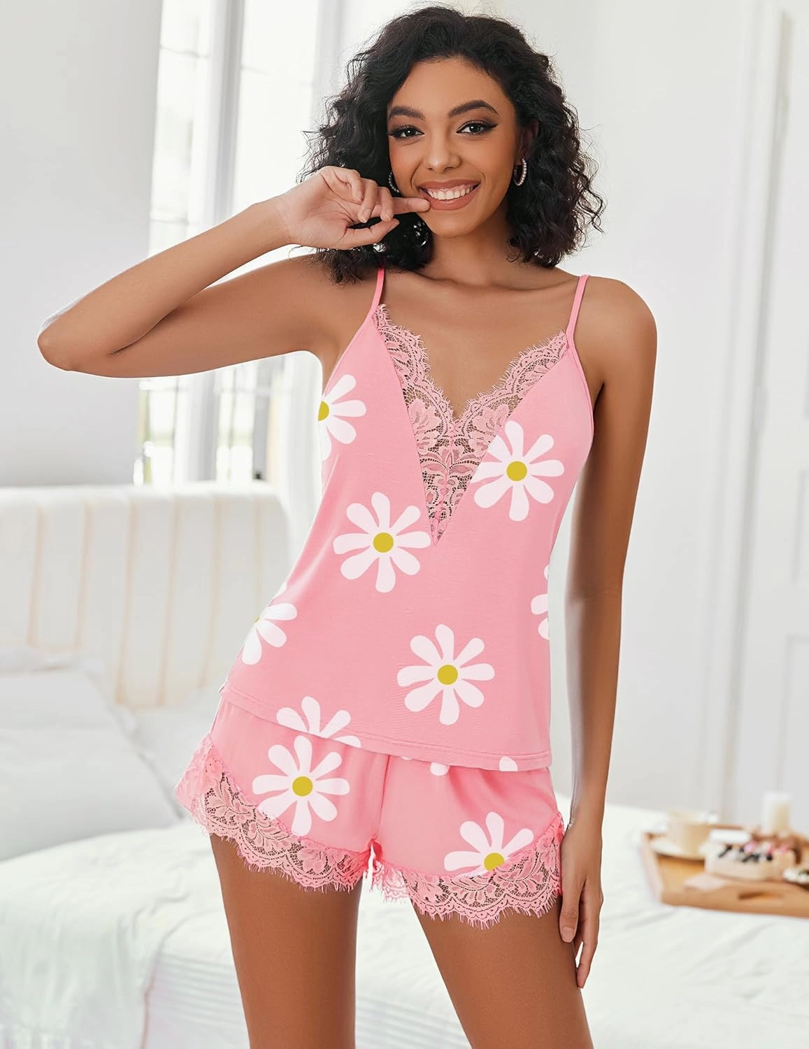 Avidlove Women Pajama Set Lace Trim Short PJ Set Modal V Neck Sleeveless Sleepwear Drawstring Waist Nightwear S-XXL