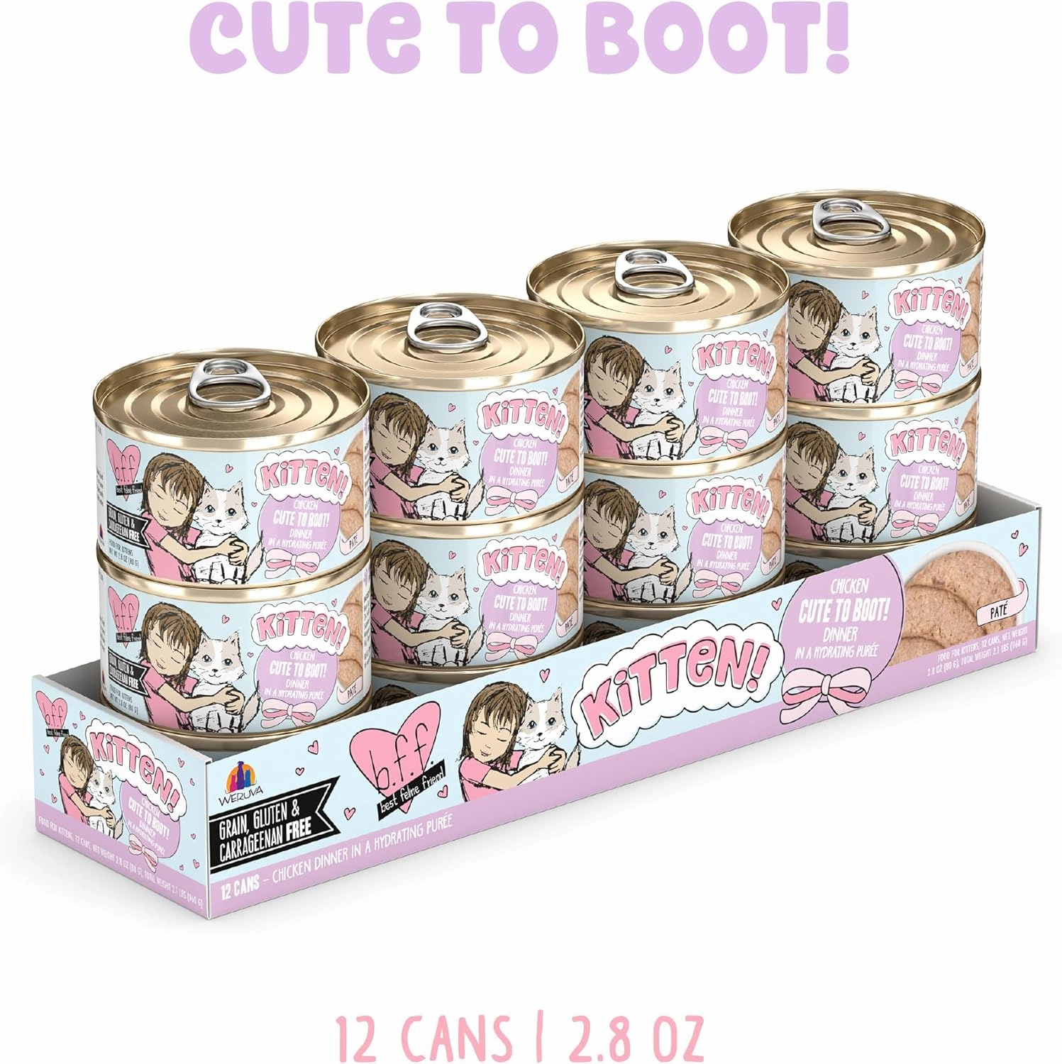 B.F.F. Kitten Food, Cute to Boot with Chicken in a Hydrating Puree, 2.8oz Can (Pack of 12)