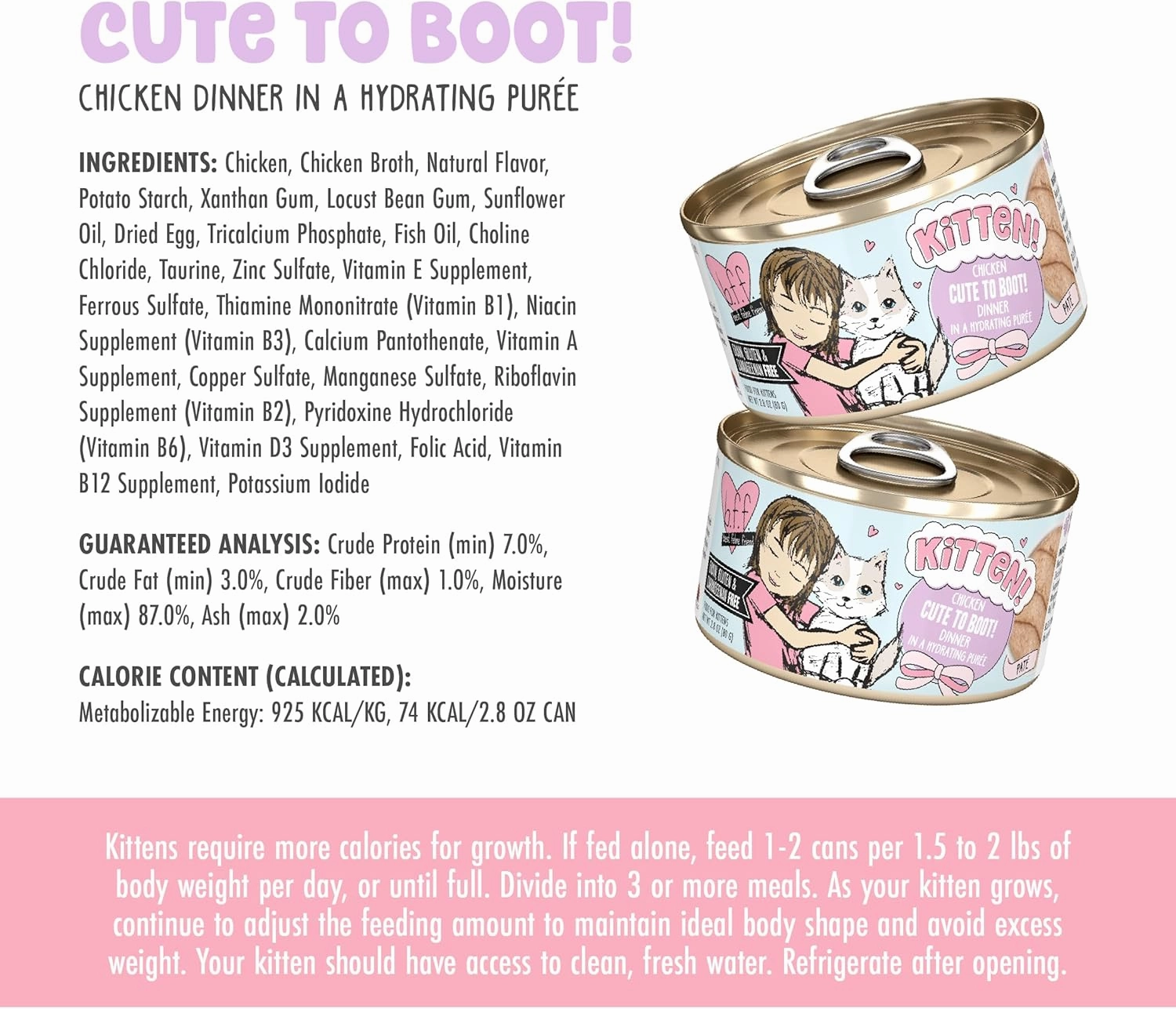 B.F.F. Kitten Food, Cute to Boot with Chicken in a Hydrating Puree, 2.8oz Can (Pack of 12)