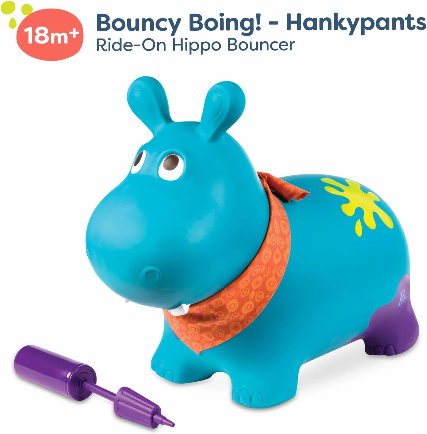 B. toys- Bouncy Boing- Inflatable Hippo Bouncer- Ride On- Sit & Bounce –Air Pump Included – Hankypants- 18 Months  