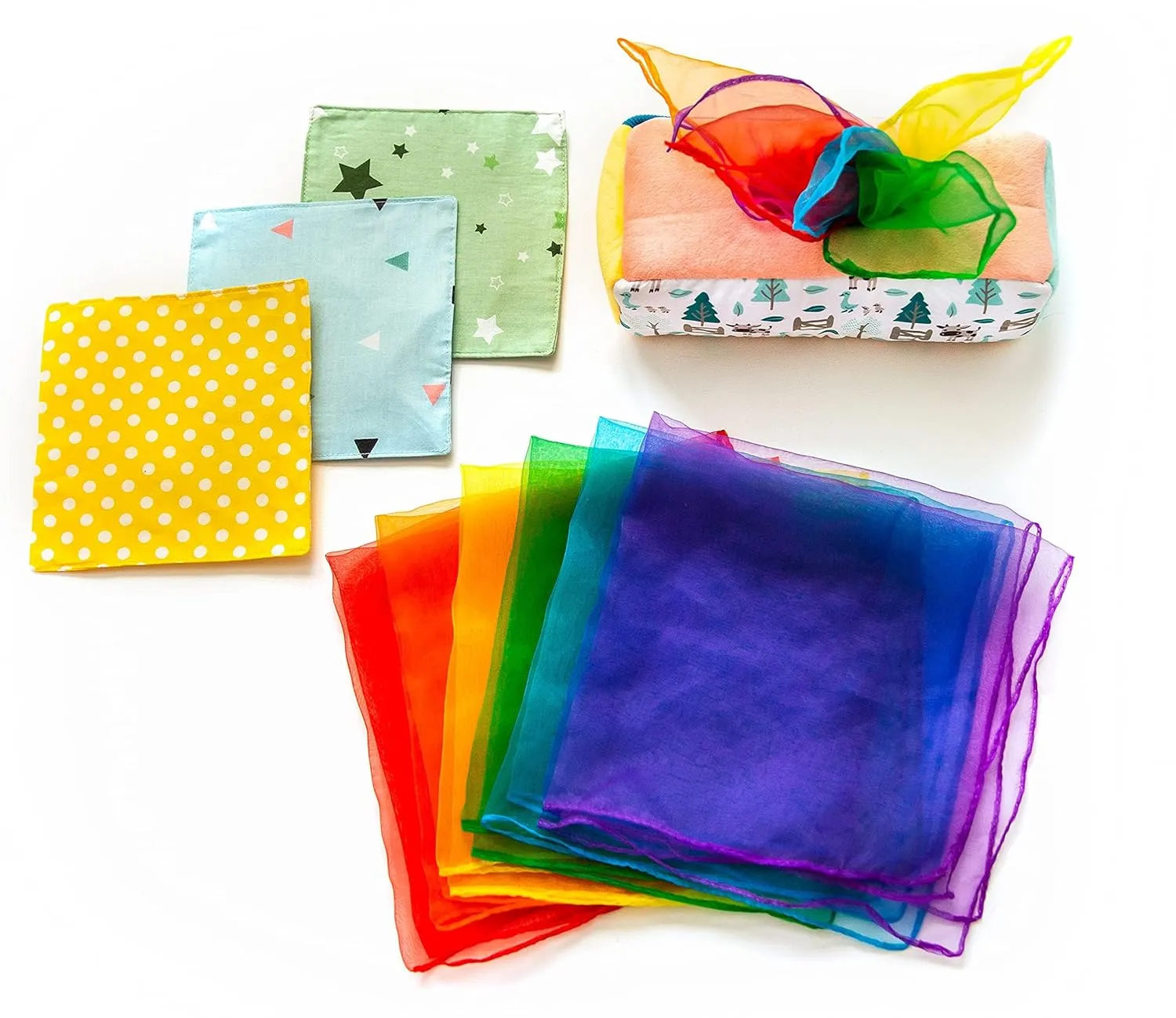 Baby Tissue Box Toy - Montessori Play for Infants and Toddlers - Sensory Textured Box with 12pcs Matching Colorful Scarves and 3pcs Crinkle Paper