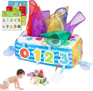 Baby Tissue Box Toy, Soft Montessori Tissue Box Baby Toys 6 to 12 Months, High Contrast Crinkle Paper Sensory Silk Scarves Toys for 1 Year Old Boys Girls Kids Early Learning Gifts