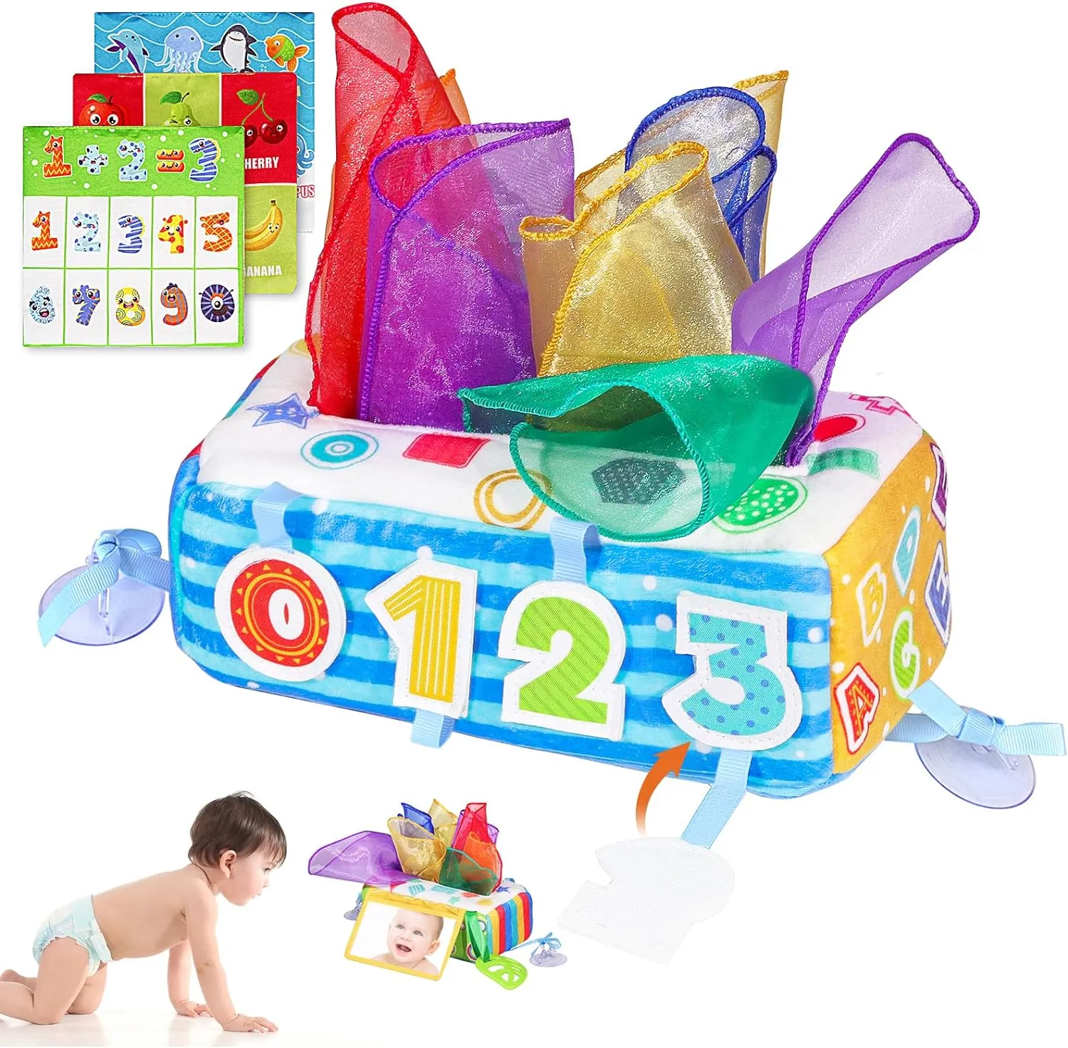 Baby Tissue Box Toy, Soft Montessori Tissue Box Baby Toys 6 to 12 Months, High Contrast Crinkle Paper Sensory Silk Scarves Toys for 1 Year Old Boys Girls Kids Early Learning Gifts