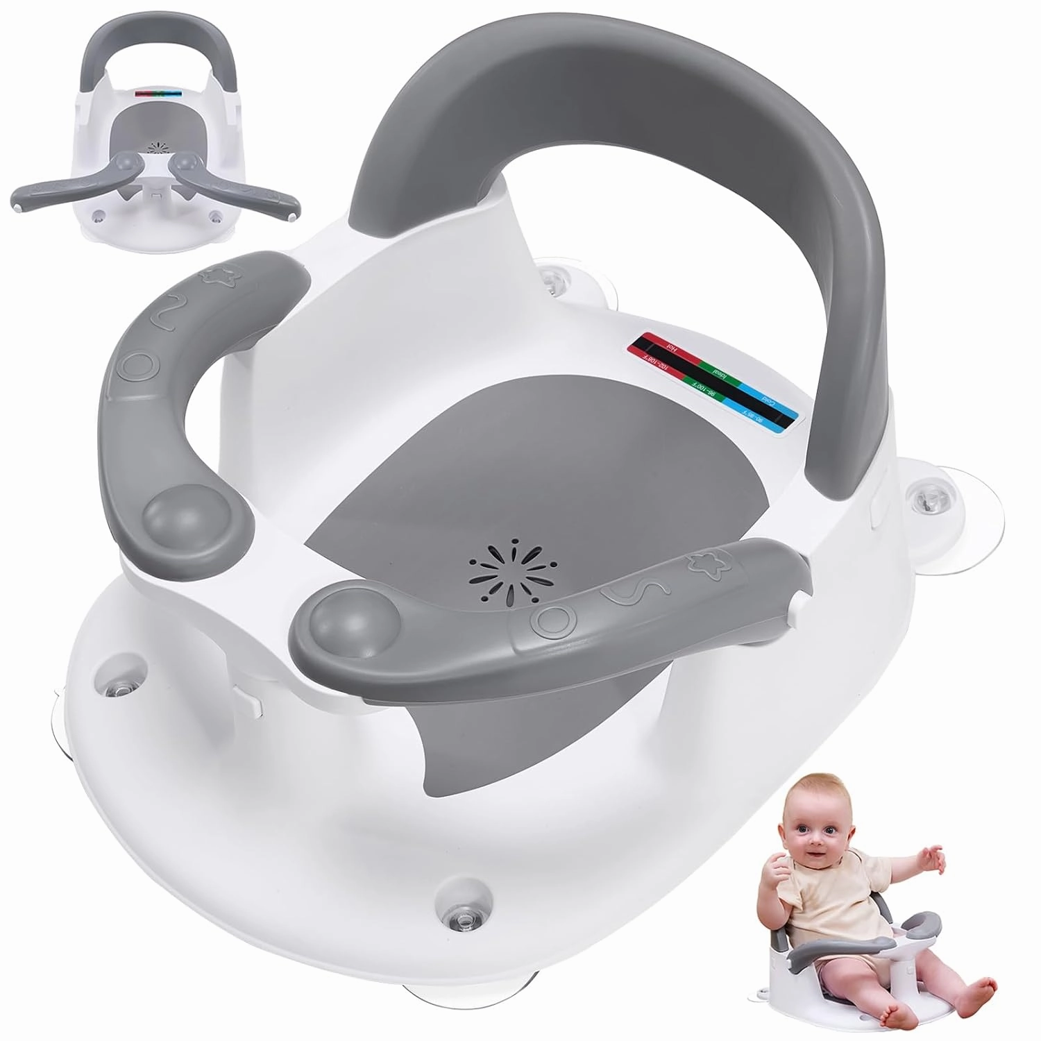 Baby Bath Seat for Babies 6 Months & Up Sitting Up,Infant Bath Seat with Temperature Alert Open Backrest on/Off Armrest,Toddler Bath seat Baby Bath Chair for Bathtub,Tub,Sink Grey