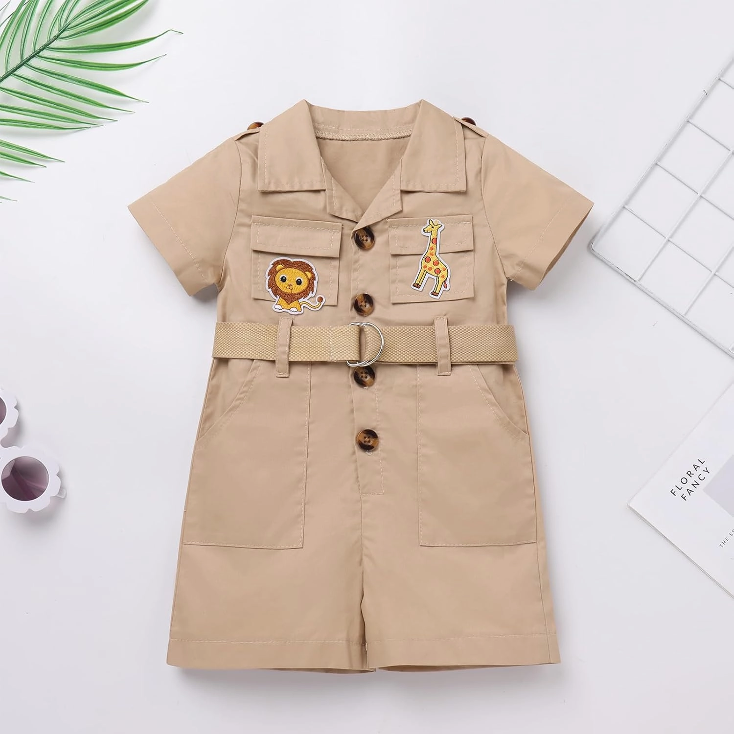 Baby Safari Outfit Wild One Birthday Outfit Girl Short Sleeve Safari Jumpsuit with Hat Toddler Zoo Keeper Outfit