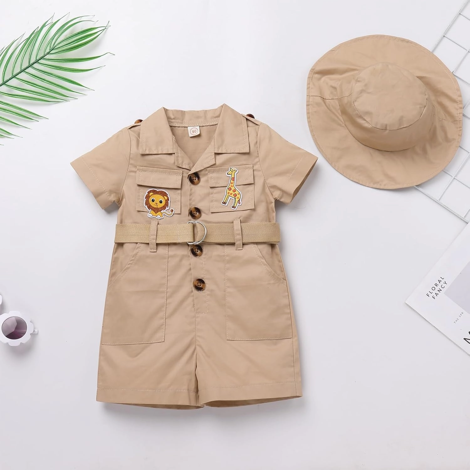 Baby Safari Outfit Wild One Birthday Outfit Girl Short Sleeve Safari Jumpsuit with Hat Toddler Zoo Keeper Outfit