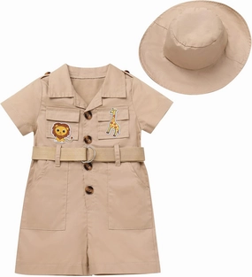 Baby Safari Outfit Wild One Birthday Outfit Girl Short Sleeve Safari Jumpsuit with Hat Toddler Zoo Keeper Outfit