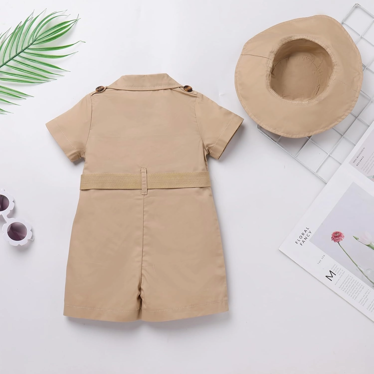 Baby Safari Outfit Wild One Birthday Outfit Girl Short Sleeve Safari Jumpsuit with Hat Toddler Zoo Keeper Outfit