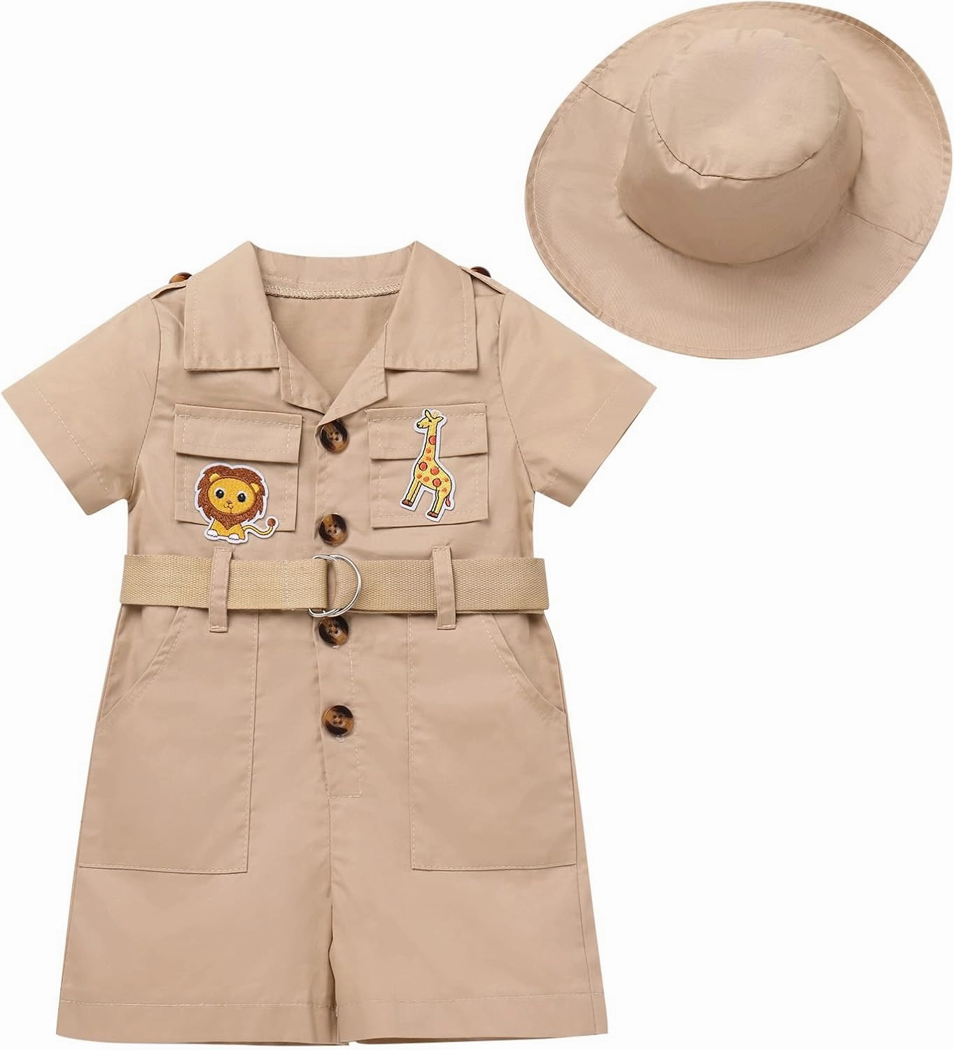 Baby Safari Outfit Wild One Birthday Outfit Girl Short Sleeve Safari Jumpsuit with Hat Toddler Zoo Keeper Outfit