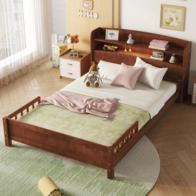Ball & Cast Full Platform Bed with Bookcase Headboard,Pine Wood Bedframe w/Guardrails,LED Motion Sensor Ligh,Captain Storage Beds for Kids, Girls,Boys,No Box Spring Needed,Walnut