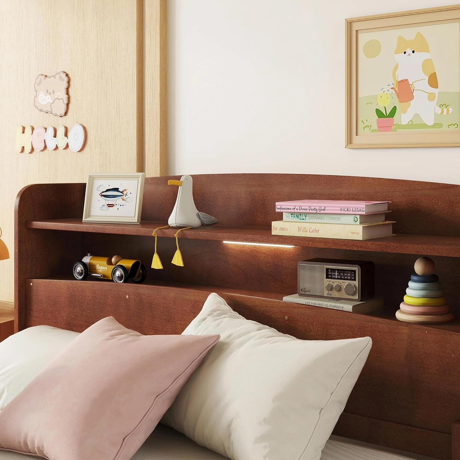Ball & Cast Full Platform Bed with Bookcase Headboard,Pine Wood Bedframe w/Guardrails,LED Motion Sensor Ligh,Captain Storage Beds for Kids, Girls,Boys,No Box Spring Needed,Walnut