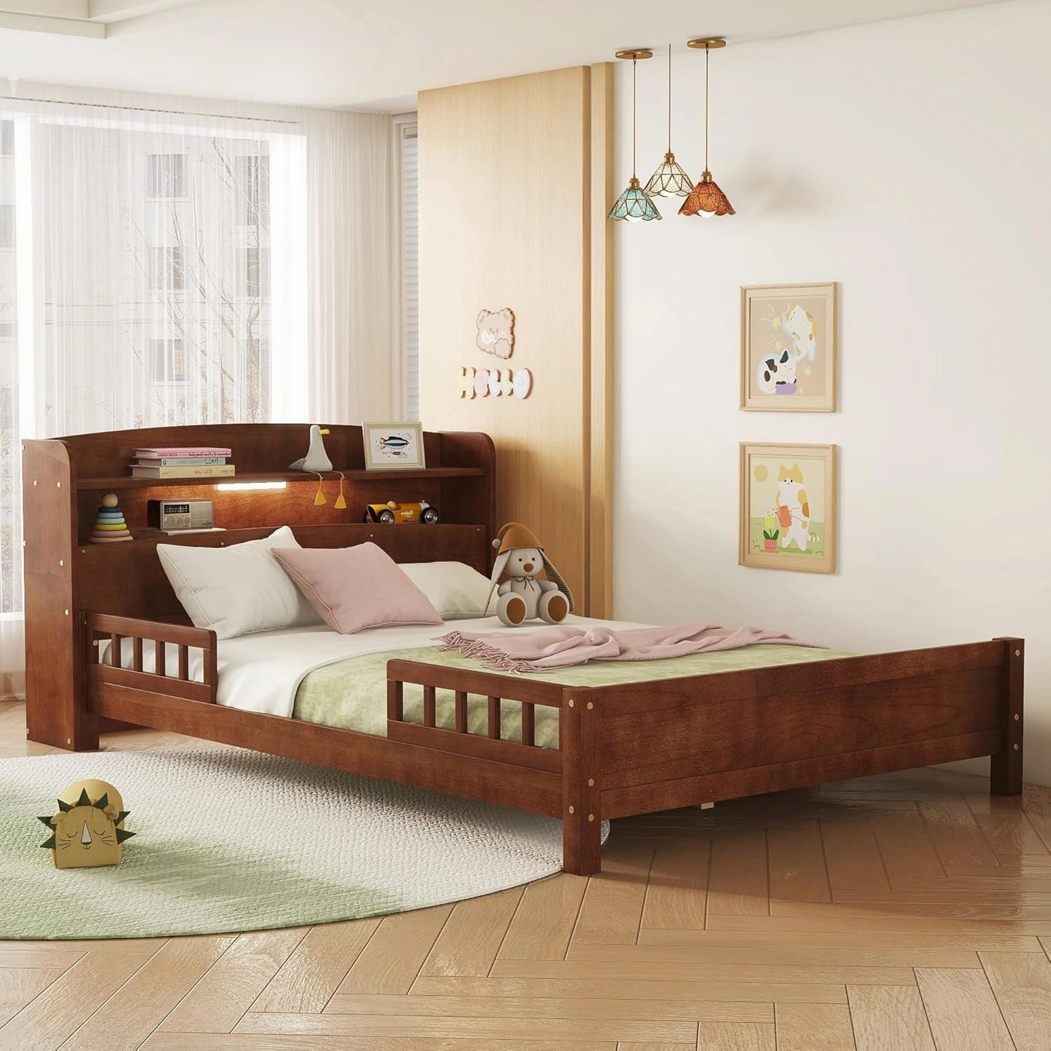 Ball & Cast Full Platform Bed with Bookcase Headboard,Pine Wood Bedframe w/Guardrails,LED Motion Sensor Ligh,Captain Storage Beds for Kids, Girls,Boys,No Box Spring Needed,Walnut