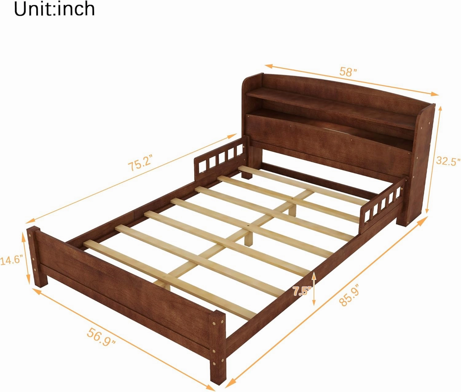 Ball & Cast Full Platform Bed with Bookcase Headboard,Pine Wood Bedframe w/Guardrails,LED Motion Sensor Ligh,Captain Storage Beds for Kids, Girls,Boys,No Box Spring Needed,Walnut