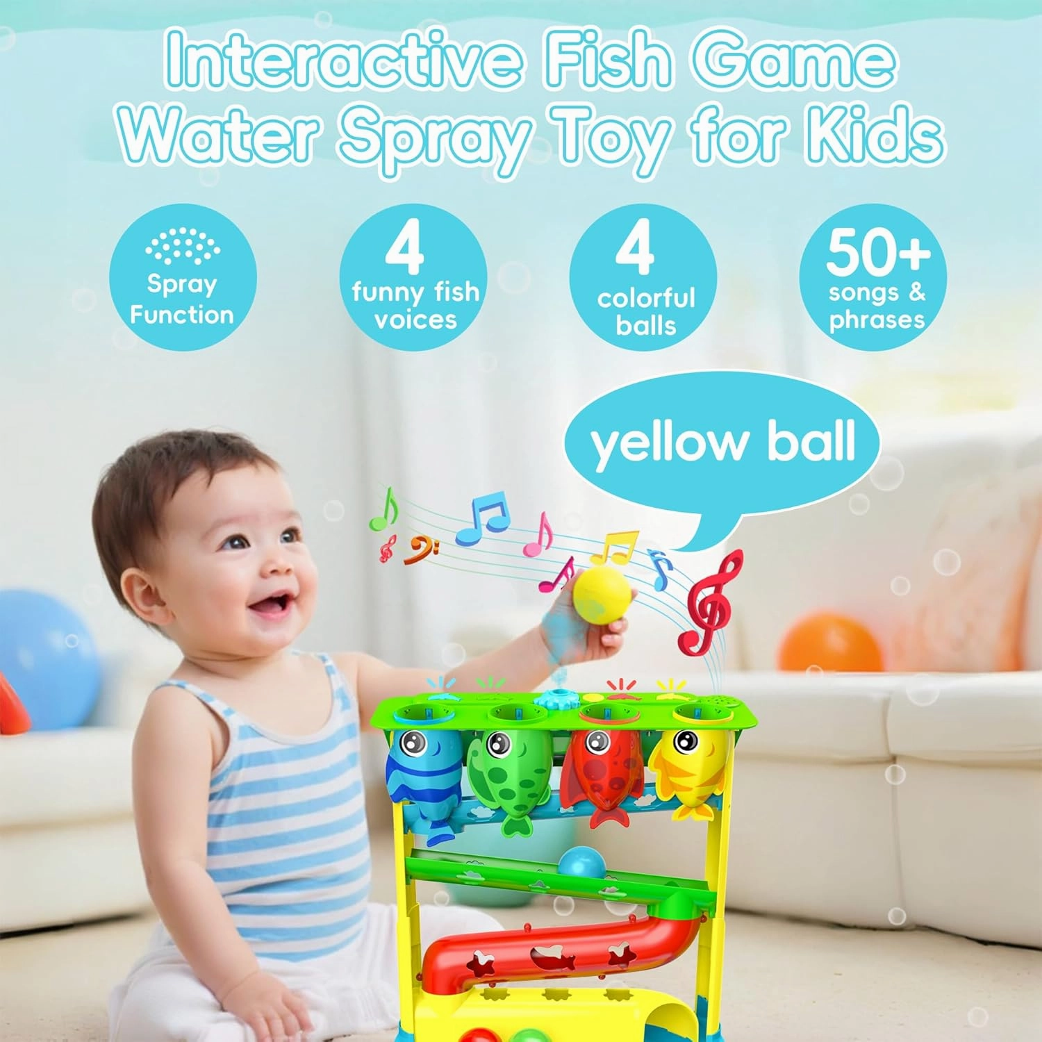 Ball Drop Toy for 1, 2 Years Old Boys & Girls, Interactive Toddler toy with Lights, Music & Water Spray, Montessori STEM Learning Toys for 9-18 Months, Infant Early Development Gift (Blue)