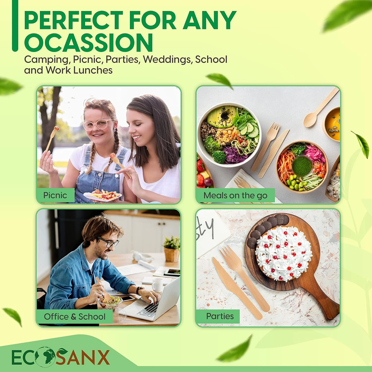 Bamboo Cutlery Set - Wooden Utensils for Eating - Disposable Wooden Cutlery set of 220 (80 Forks 70 Spoons 40 Knives 30 Straws) Bamboo Disposable Utensils - ECO Friendly Compostable Utensil for Party