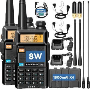 BAOFENG UV-5R Ham Radios Long Range—8W Dual Band Rechargeable Walkie Talkie Portable Two-Way Radios, UV5R Handheld Radio with Four 1800mAh Li-ion Batteries (2 Pack)