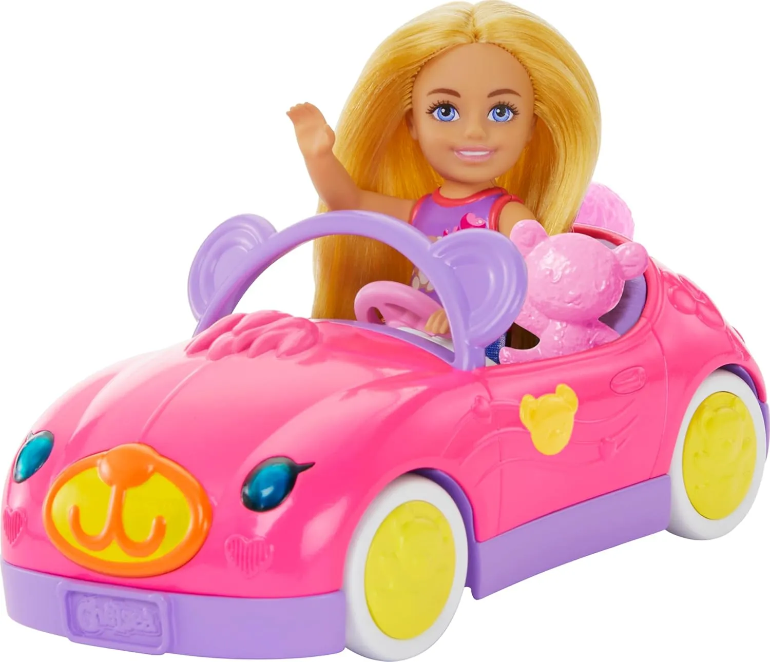 Barbie Chelsea Toy Car Set with Bear-Themed Convertible & Teddy Bear Accessory, Blonde Small Doll Wears Removable Skirt & Shoes