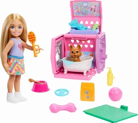 Barbie Chelsea Puppy Carrier Playset, Blonde Small Doll and Accessories, Dog Carrier with Puppy Themed Play Pieces