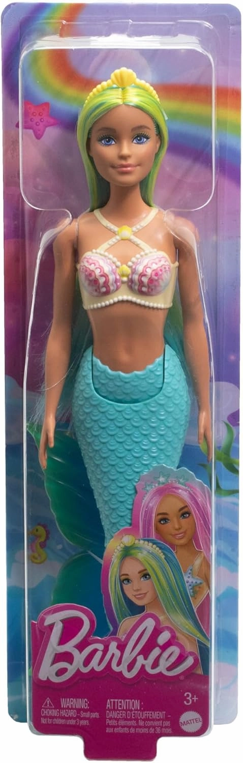 Barbie Mermaid Doll with Two-Tone Blue & Yellow Fantasy Hair & Headband Accessory, Toy with Shell Bodice & Turquoise Tail