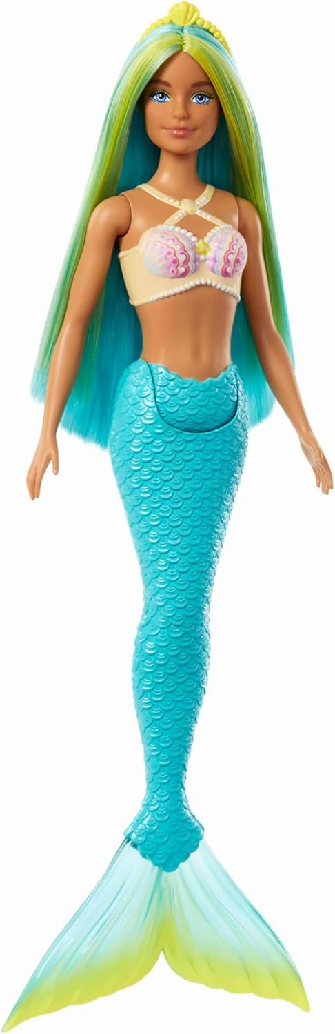 Barbie Mermaid Doll with Two-Tone Blue & Yellow Fantasy Hair & Headband Accessory, Toy with Shell Bodice & Turquoise Tail