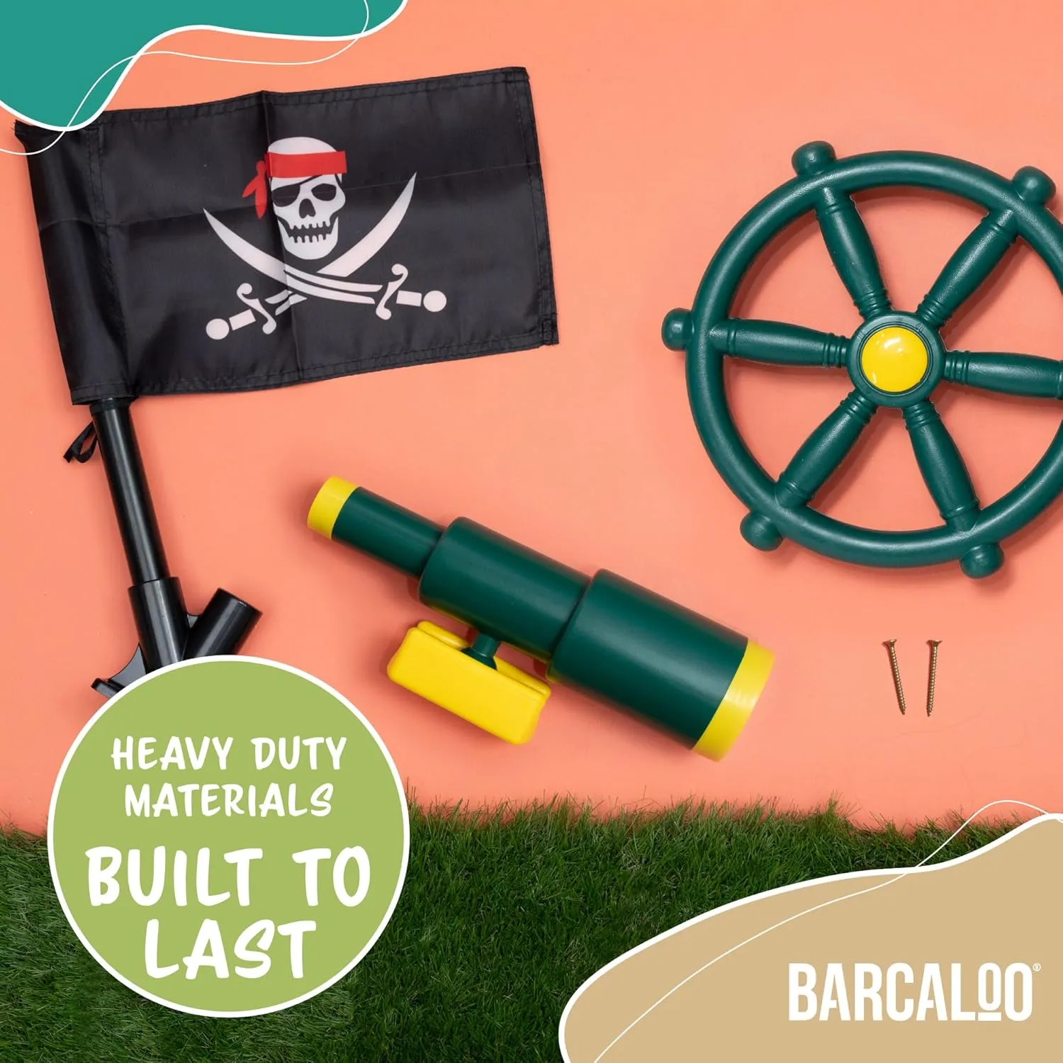 Barcaloo Playground Equipment Bundle Set with Kids Pirate Telescope, Pirate Steering Wheel & Flags, Jungle Gym Playset Accessories for Backyard Swings, Playground Set for Backyards