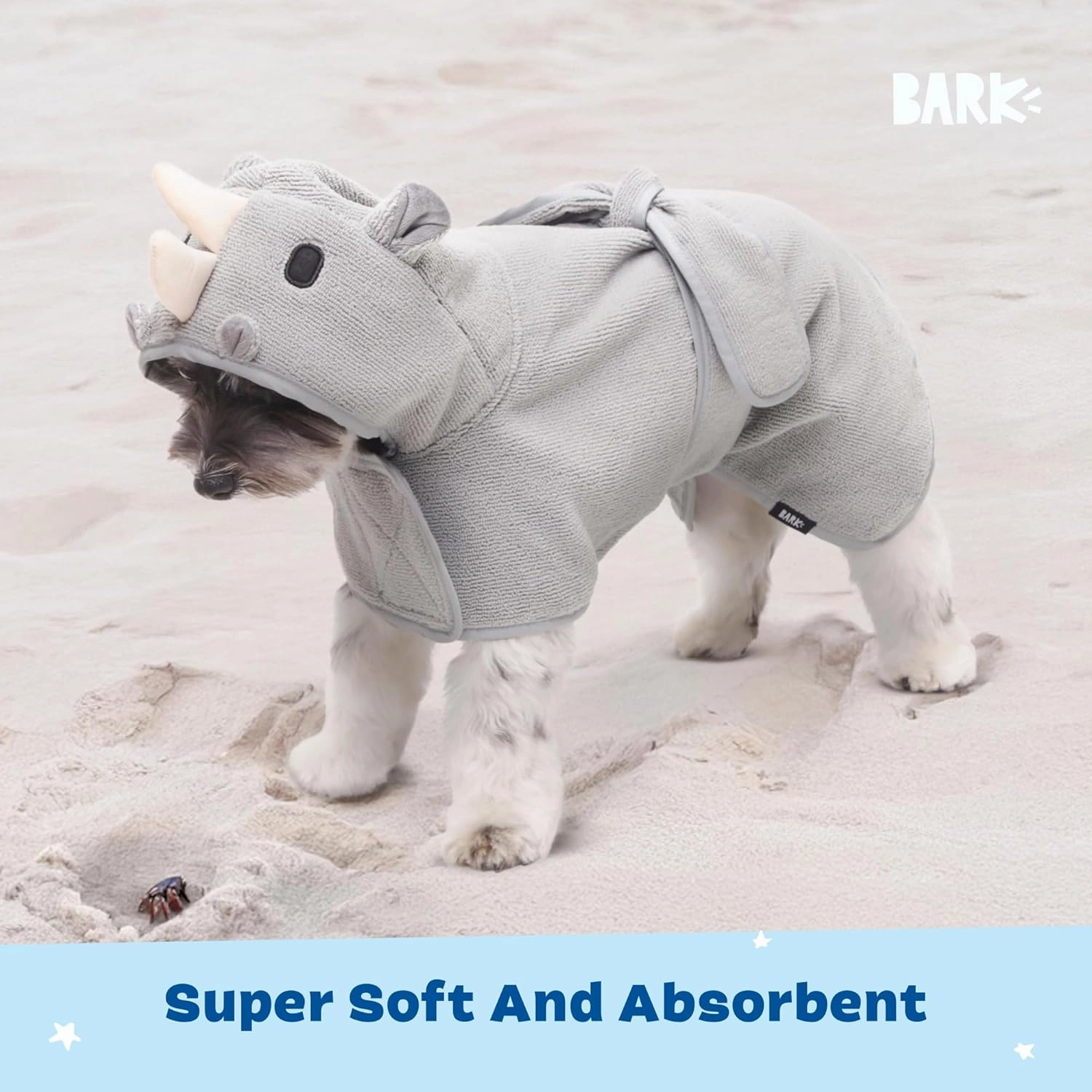 Barkbox Dog Bathrobe Fast Drying with Hook and Loop Closure & Wrap Tie Snuggle, Cute Dogs Clothes, Easy to Clean, Machine Washable, Dog Coats for Small Dogs, Tumble Dry Low - Rhino, Small