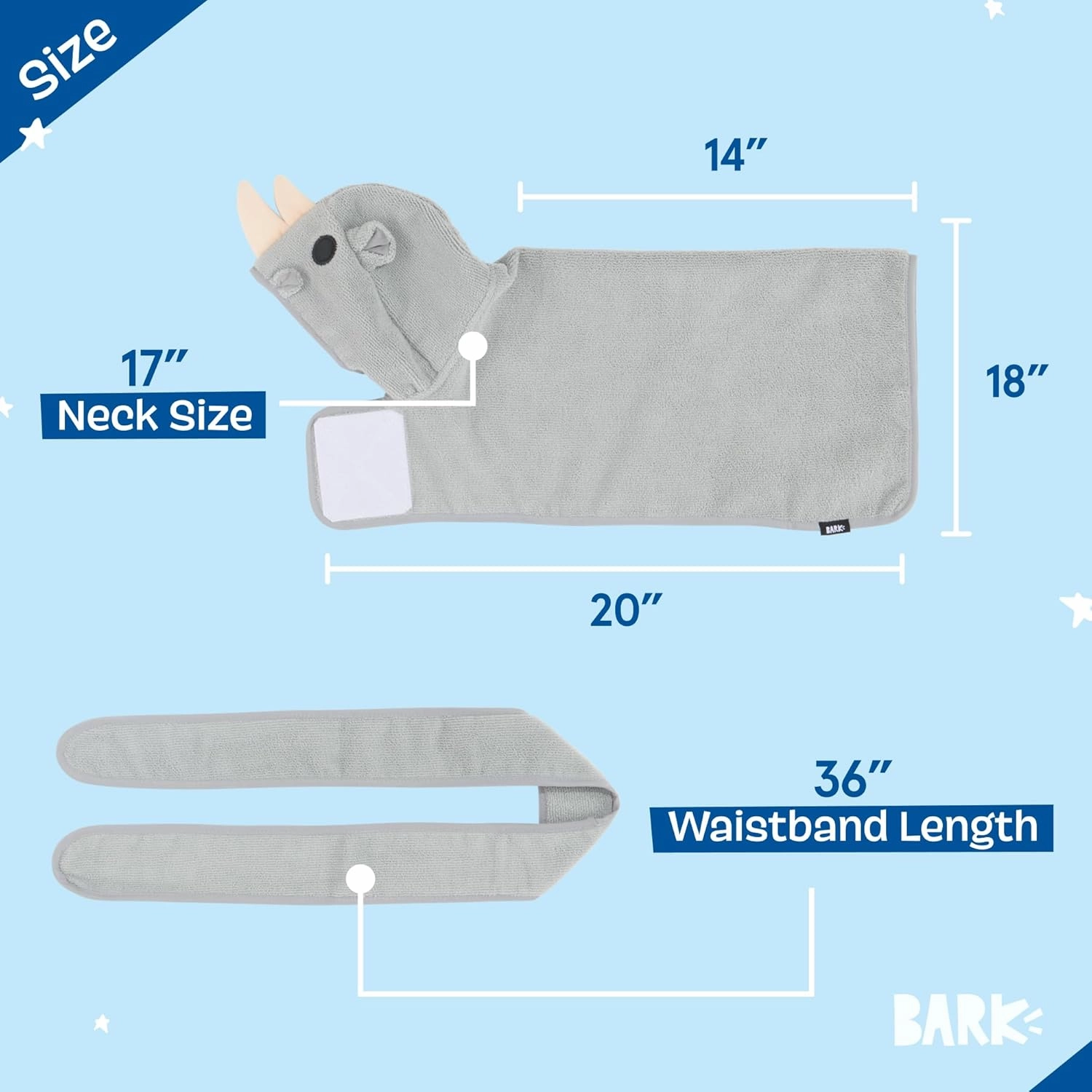 Barkbox Dog Bathrobe Fast Drying with Hook and Loop Closure & Wrap Tie Snuggle, Cute Dogs Clothes, Easy to Clean, Machine Washable, Dog Coats for Small Dogs, Tumble Dry Low - Rhino, Small