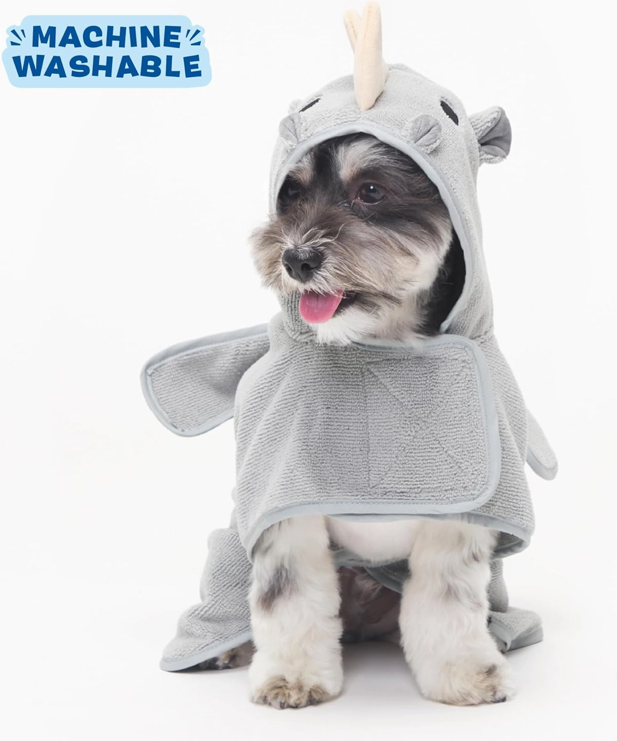 Barkbox Dog Bathrobe Fast Drying with Hook and Loop Closure & Wrap Tie Snuggle, Cute Dogs Clothes, Easy to Clean, Machine Washable, Dog Coats for Small Dogs, Tumble Dry Low - Rhino, Small