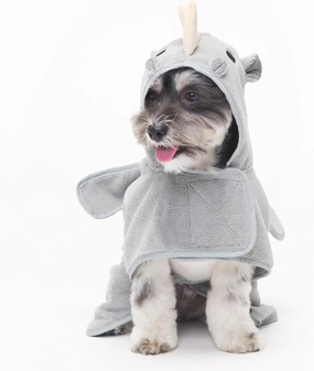 Barkbox Dog Bathrobe Fast Drying with Hook and Loop Closure & Wrap Tie Snuggle, Cute Dogs Clothes, Easy to Clean, Machine Washable, Dog Coats for Small Dogs, Tumble Dry Low - Rhino, Small