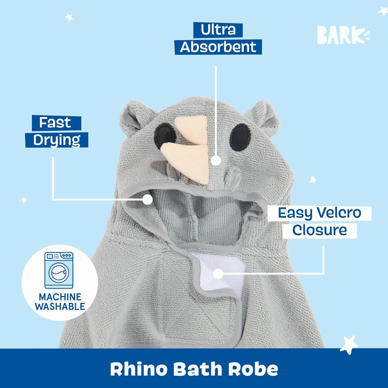 Barkbox Dog Bathrobe Fast Drying with Hook and Loop Closure & Wrap Tie Snuggle, Cute Dogs Clothes, Easy to Clean, Machine Washable, Dog Coats for Small Dogs, Tumble Dry Low - Rhino, Small