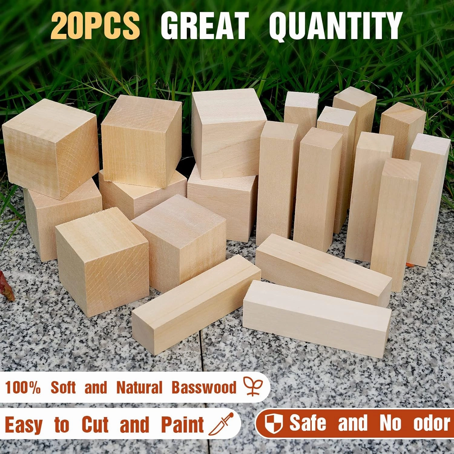 Basswood Carving Blocks, 20PCS Whittling Wood Blocks Kit with 2 Different Sizes, Bass Wood for Carving Easy to Use, for Kids and Adults