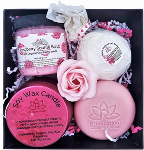 Bath and Body Spa Gift Set For Women - Relaxing Salt Bath Bombs, Natural Cold Process Soap, Organic Raspberry Face Scrub - Beautiful Pink Polka Dot Box - Best Gift for Women, Mother, Mom, Girls, Her