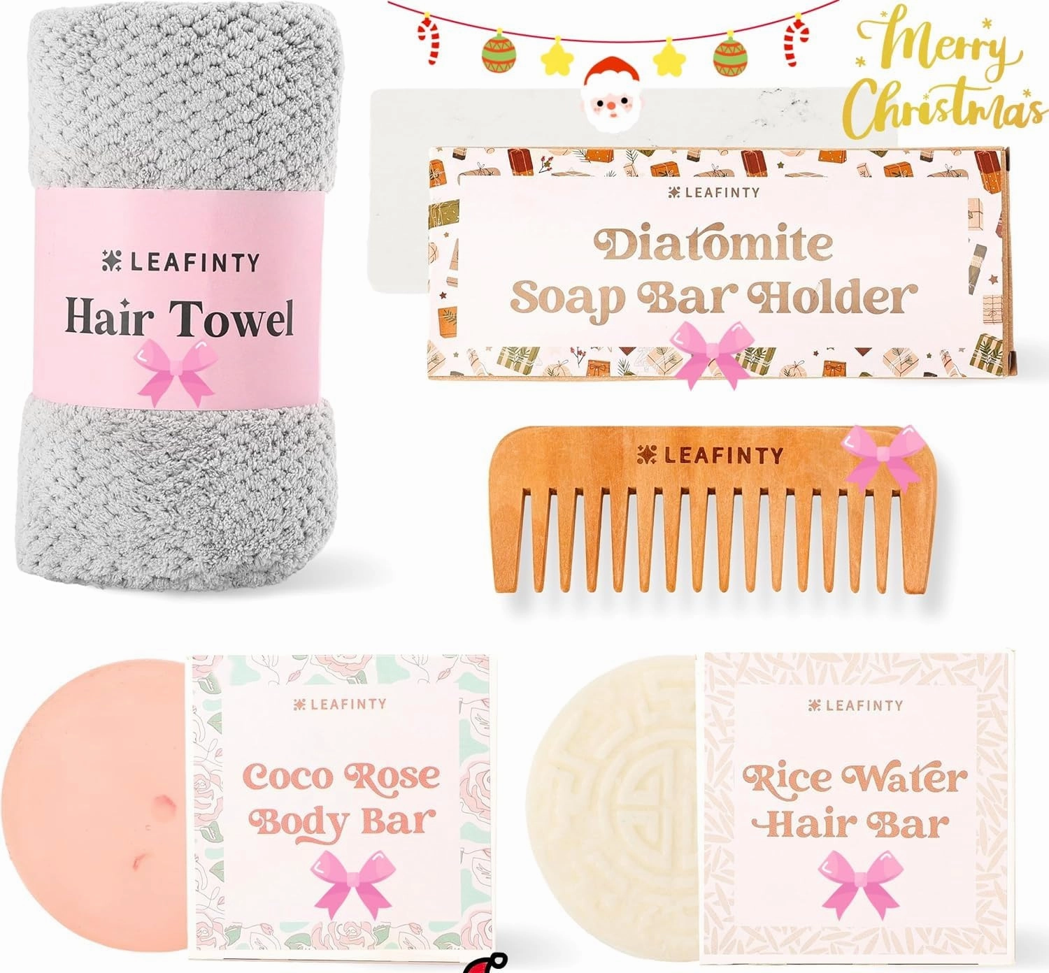 Bath Set for Women Christmas Beauty Spa Relaxation Kit: Includes Rice Shampoo Bar, Body Wash Bar, Soap Bar Holder, Wide-Tooth Hair Comb, and Microfiber Hair Towel – Perfect Bath Xmas Gifts for Women