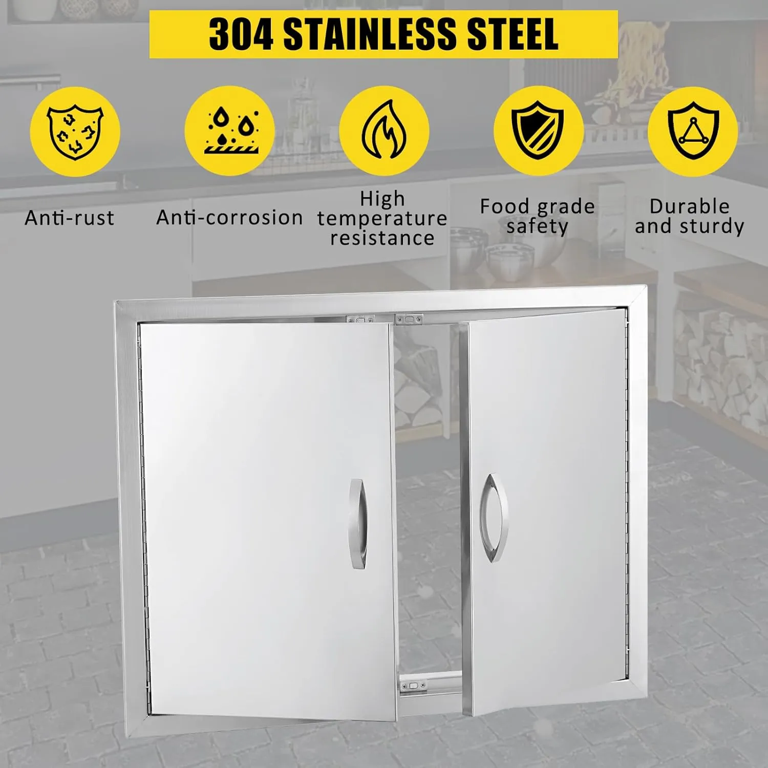 BBQ Access Door 31" W x 24" H, Double Outdoor Kitchen Door, Weatherproof Built in 304 Stainless Steel with Handle for Outside, Commercial, BBQ Island, Grilling Station, Outside Cabinet
