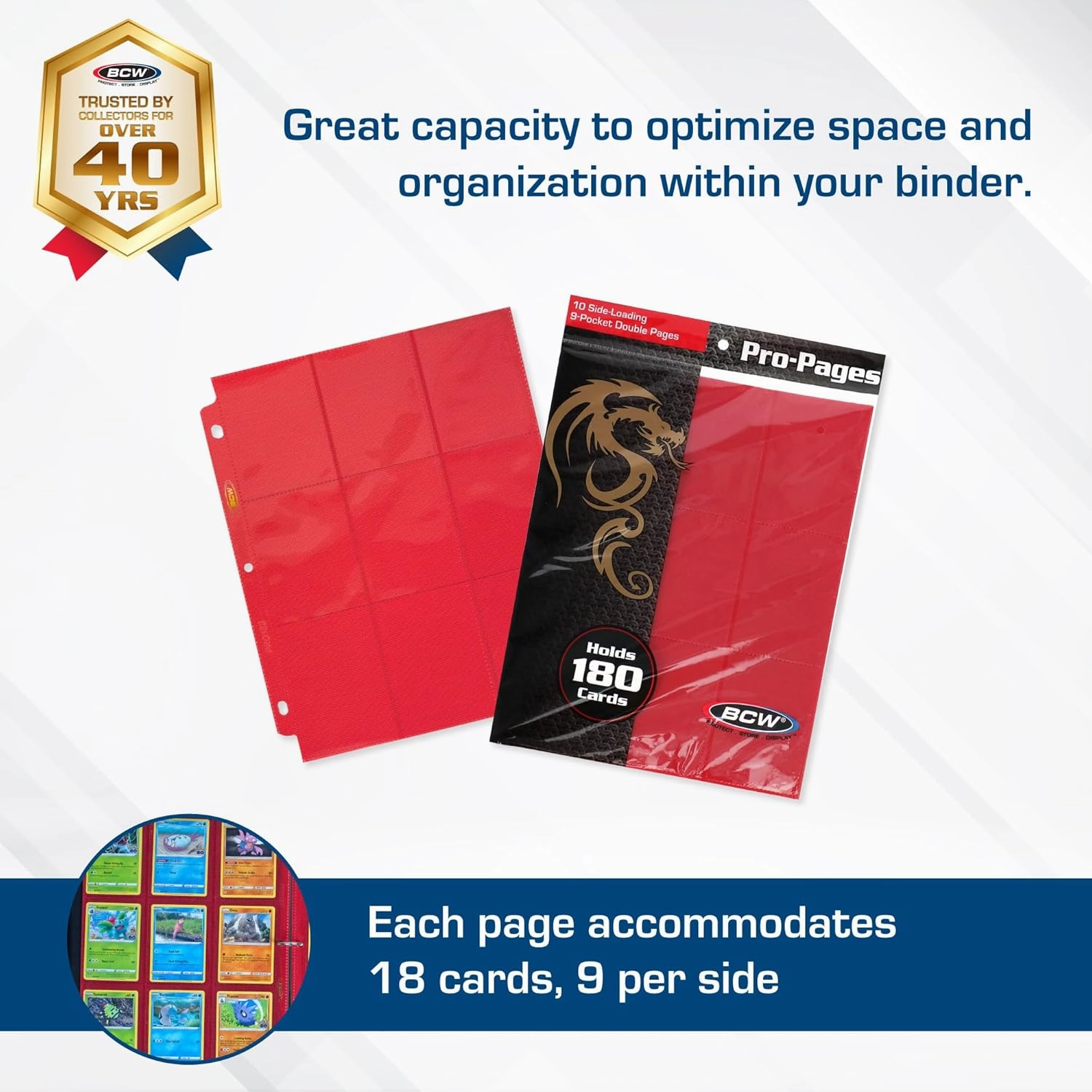 BCW Double-Sided 9-Pocket Pages Holder - 20 Red Pages | Trading Card Binder Sheets | Secure Side Loading | Ideal Card Storage and Display Solution