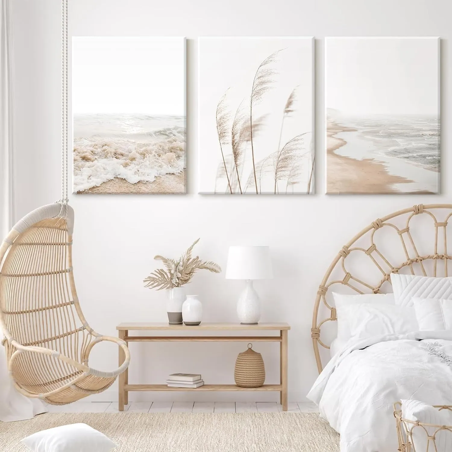 Beach Wall Art Boho Prints Coastal Canvas Wall Art Beach Pictures Pampas Grass Ocean Poster Plant Landscape Beach Scene Artwork for Living Room Bedroom Decor 12x16x3 Inch Wrapped Canvas