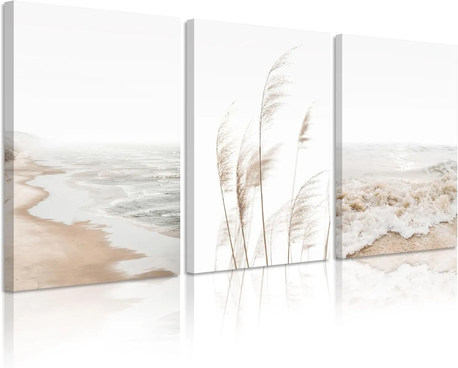Beach Wall Art Boho Prints Coastal Canvas Wall Art Beach Pictures Pampas Grass Ocean Poster Plant Landscape Beach Scene Artwork for Living Room Bedroom Decor 12x16x3 Inch Wrapped Canvas