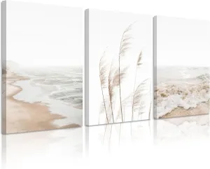 Beach Wall Art Boho Prints Coastal Canvas Wall Art Beach Pictures Pampas Grass Ocean Poster Plant Landscape Beach Scene Artwork for Living Room Bedroom Decor 12x16x3 Inch Wrapped Canvas