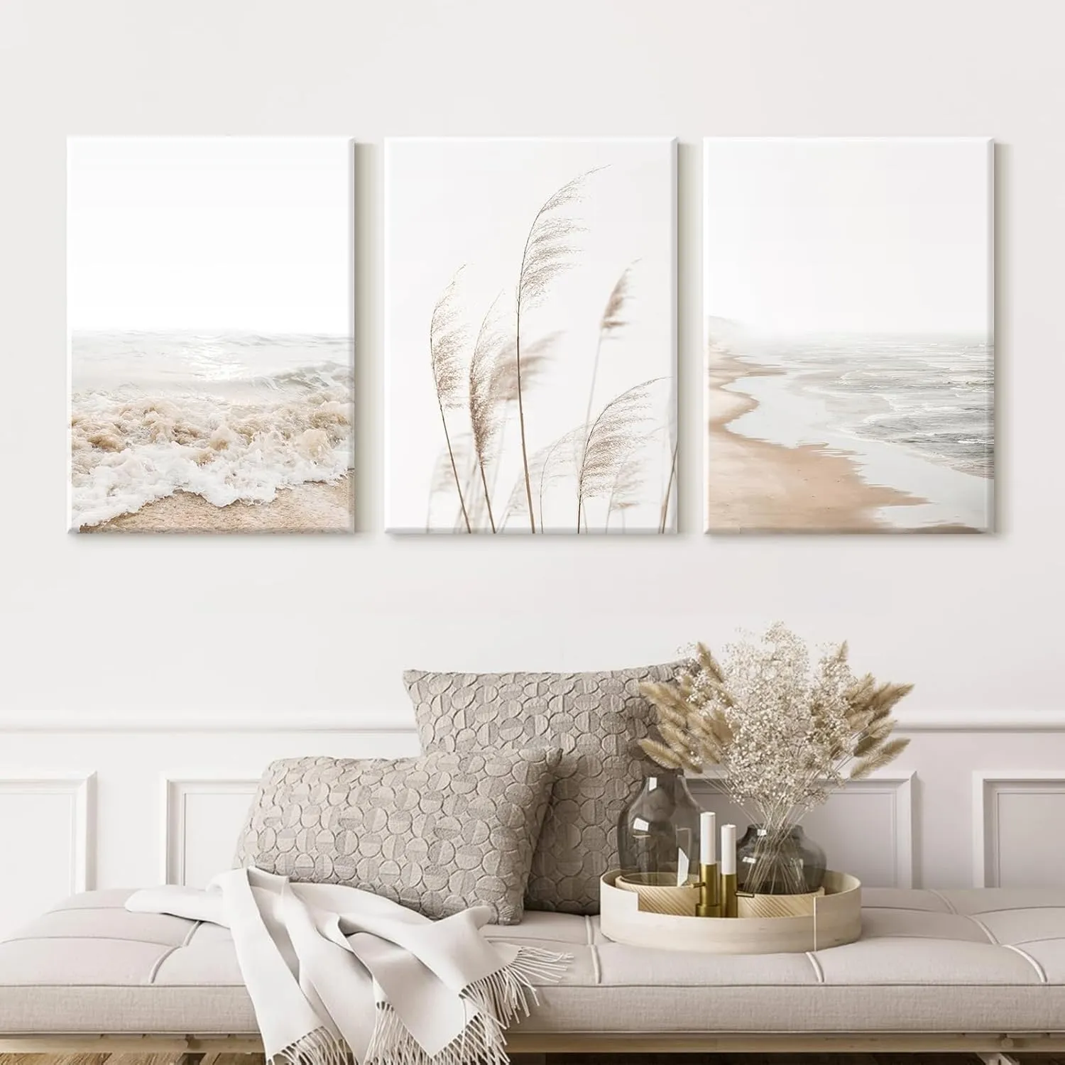Beach Wall Art Boho Prints Coastal Canvas Wall Art Beach Pictures Pampas Grass Ocean Poster Plant Landscape Beach Scene Artwork for Living Room Bedroom Decor 12x16x3 Inch Wrapped Canvas